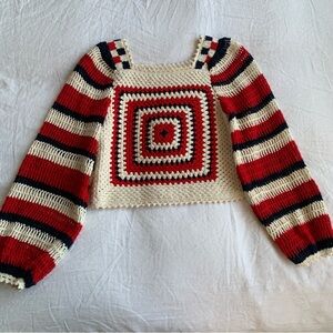 Ulla Johnson Beso Crochet Knit Cotton Sweater Pattern Top Marine Red Cream